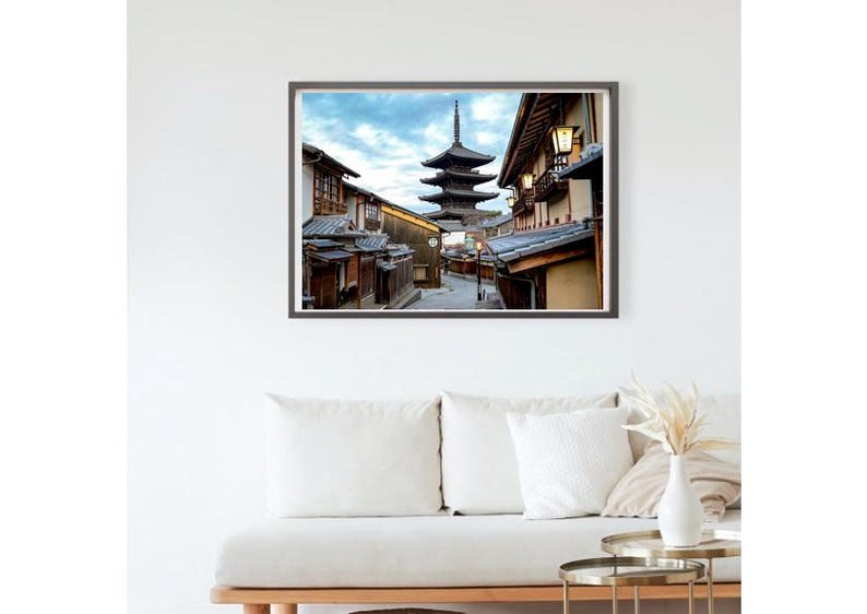 May include: A photograph of a narrow street in Japan with traditional wooden buildings on either side. A five-storey pagoda is visible in the distance.