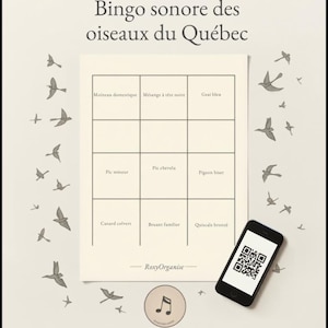 Quebec Vogelgeluiden Bingo, PDF-spel met audio-QR-codes, activiteit voor kinderen