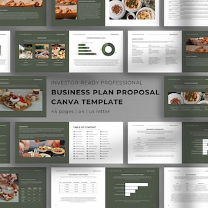 Op de afbeelding: Professionele Canva-sjabloon voor een businessplanvoorstel met 46 pagina's, A4-formaat. De sjabloon bevat een inhoudsopgave en verschillende secties met grafieken en afbeeldingen. Het ontwerp is modern en geschikt voor investeerderspresentaties.
