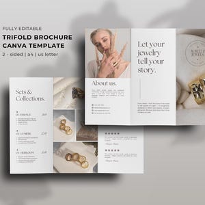 Könnte beinhalten: Vollständig bearbeitbare Trifold-Broschüre Canva-Vorlage mit minimalistischem Design. Die Broschüre zeigt den Text "Lassen Sie Ihren Schmuck Ihre Geschichte erzählen" und präsentiert Schmuckkollektionen. Die Vorlage ist zweiseitig und in A4- und US-Letter-Größe erhältlich.