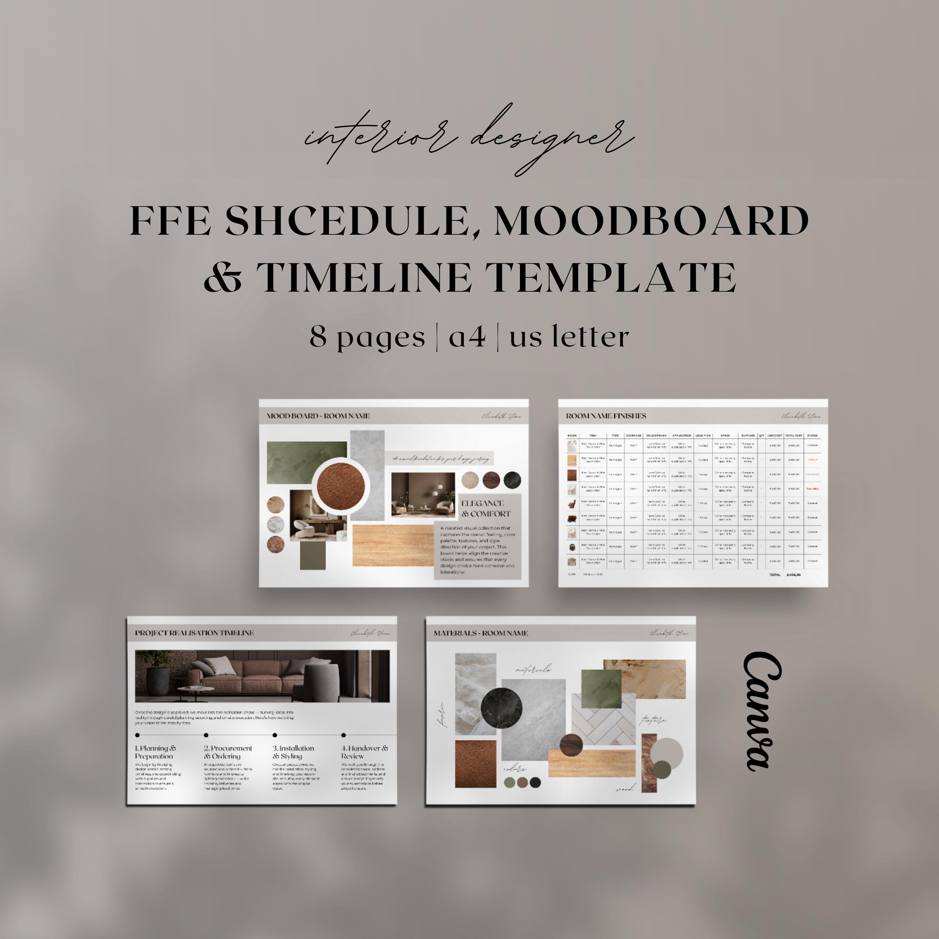 Mood Board & FFE Schedule Template for Interior Designer (canva, A4/US ...