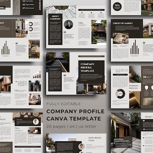 Può includere: Un modello Canva per il profilo aziendale completamente modificabile con 20 pagine nei formati A4 e US letter. Il design presenta un layout moderno con una palette di colori neutri, inclusi immagini e sezioni di testo.