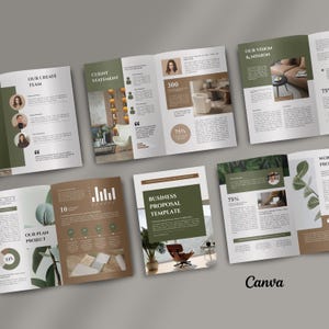 May include: A layout of open brochures with a modern design. The pages feature text, charts, and images, with a color scheme of white, brown, and green. The text "BUSINESS PROPOSAL TEMPLATE" is visible on one page, and the Canva logo is at the bottom.