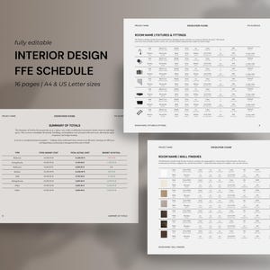 May include: A collection of interior design documents, including a schedule and summary of totals. The documents are in monochrome, featuring text and tables. The title "INTERIOR DESIGN FFE SCHEDULE" is displayed at the top, with the text "fully editable" above it.