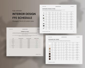 May include: A set of interior design documents, including a schedule and summary of totals. The documents are in black and white, with text and tables. The title "INTERIOR DESIGN FFE SCHEDULE" is displayed at the top, with the text "fully editable" above it.