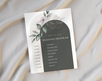 Boho Wedding Program Template | Timeline Order Of Ceremony | Editable Canva  | Floral Modern Design