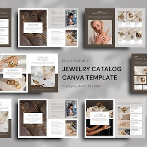 Könnte beinhalten: Eine Canva-Vorlage für einen Schmuckkatalog mit einer neutralen Farbpalette. Der Katalog zeigt Goldschmuck, darunter Ringe, Halsketten und Ohrringe. Der Text enthält "Classy Collection", "Shop Now", "Welcome", "About Us", "Winter Deals", "Gold Collection" und "Best Seller".