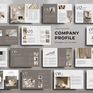 Può includere: Un modello Canva per un profilo aziendale, con un design minimalista e una palette di colori neutri. Il layout include sezioni per contenuti, servizi, galleria progetti e recensioni dei clienti. Il modello è di 28 pagine, formato A4 e US letter.