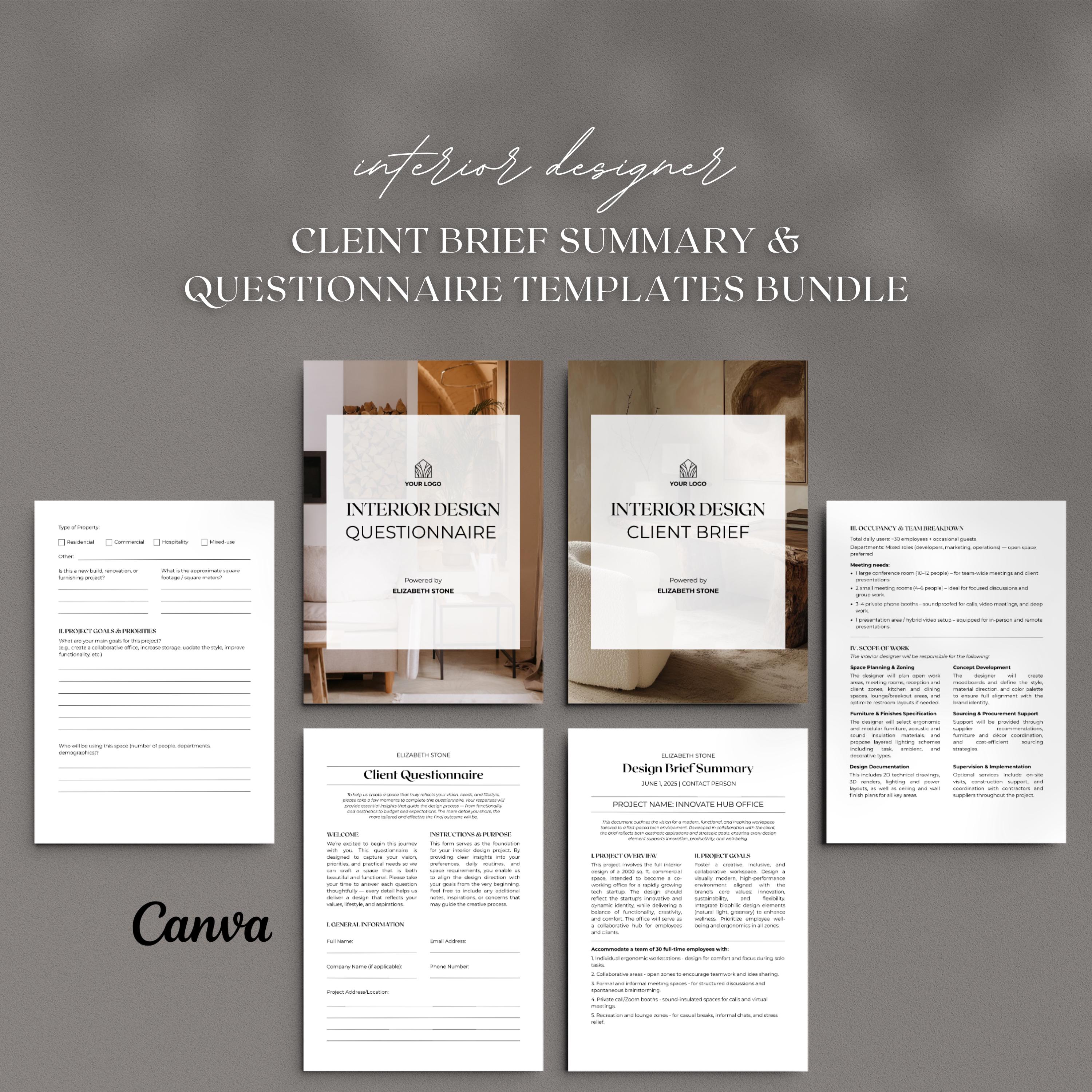 Interior Design Client Brief & Questionnaire: Editable Canva Templates ...