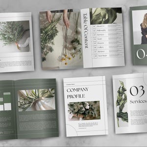 Può includere: Una collezione di brochure e opuscoli aperti con un design minimalista. Le pagine presentano immagini di composizioni floreali, grafici e testo. La tavolozza dei colori comprende sfumature di verde, bianco e grigio.