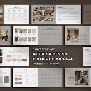 Puede incluir: Plantilla de Canva para una propuesta de proyecto de diseño de interiores. La portada presenta un fondo marrón oscuro con el título en blanco y un subtítulo en un tono más claro. La plantilla incluye 40 páginas y está diseñada para papel A4.