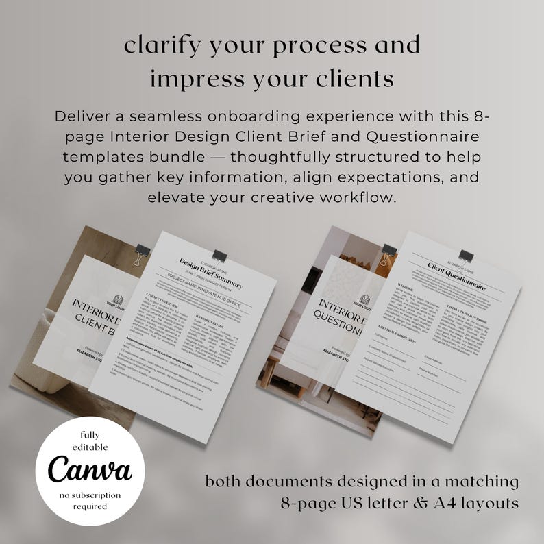 Interior Design Client Brief & Questionnaire: Editable Canva Templates ...