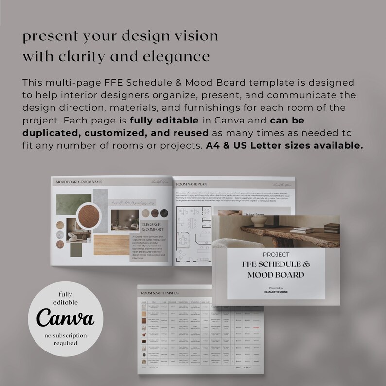 Mood Board & FFE Schedule Template for Interior Designer (canva, A4/US ...