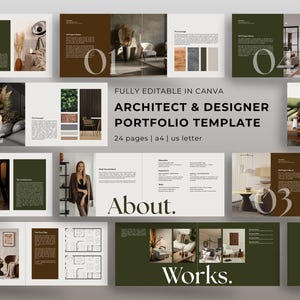 May include: A portfolio template for architects and designers, fully editable in Canva. The design features a modern layout with images of interior design and architecture projects. The template includes 24 pages, with a4 and us letter sizes.
