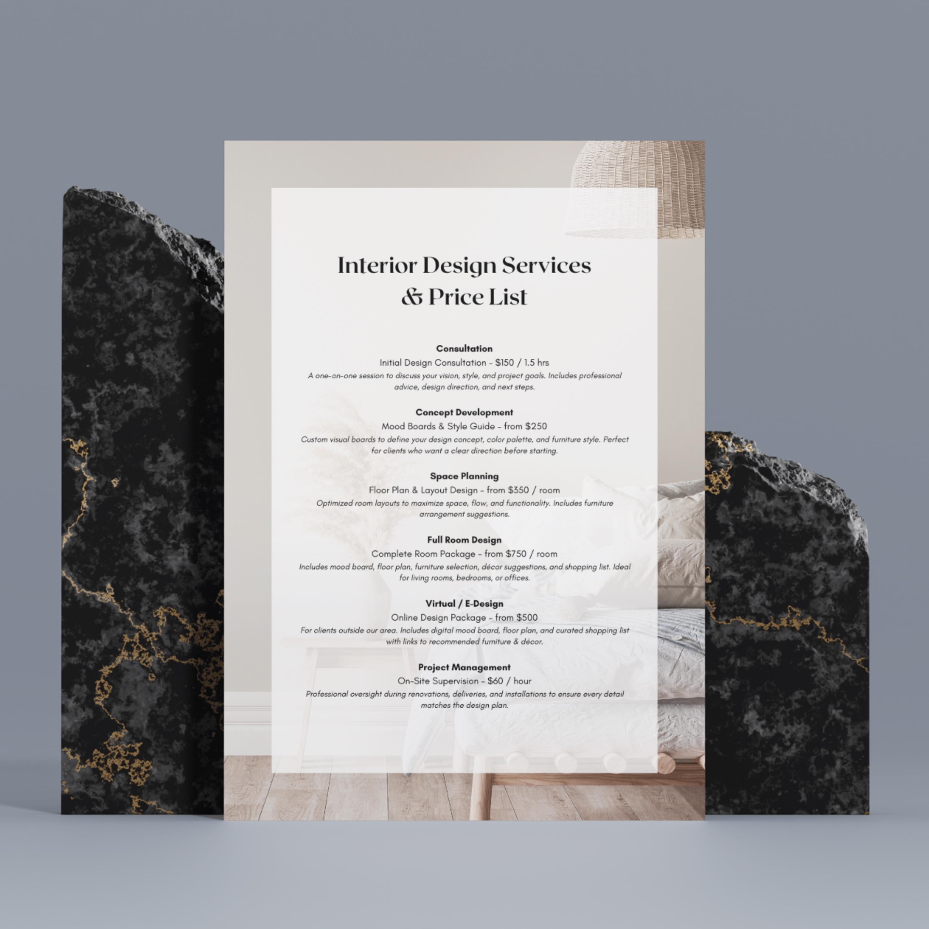 Editable Interior Design Price List Template: Canva A4/US Letter - Etsy
