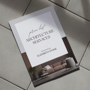 May include: A brochure titled "Price List Architecture Services" presented by Elizabeth Stone. The cover features a minimalist design with a brown and white colour scheme. The brochure includes a photograph of a modern living room with a sofa, chair, and coffee table.