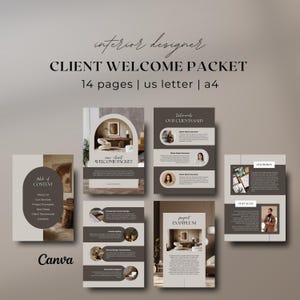 Puede incluir: Un paquete de bienvenida para clientes de un diseñador de interiores, con una paleta de colores neutros. El diseño incluye 14 páginas en tamaños US letter y A4. El paquete incluye una tabla de contenidos, testimonios de clientes y ejemplos de proyectos. El logotipo de Canva es visible.