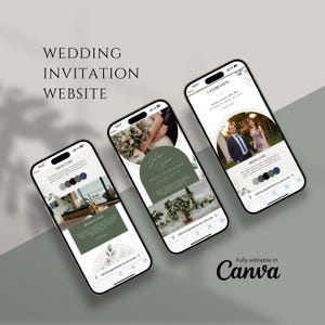Puede incluir: Tres teléfonos inteligentes que muestran un diseño de sitio web de invitación de boda. Las pantallas muestran detalles de la boda, fotos y paletas de colores. El texto en las pantallas incluye "WEDDING INVITATION WEBSITE", "DRESS CODE" y "CELEBRATION". Totalmente editable en Canva.