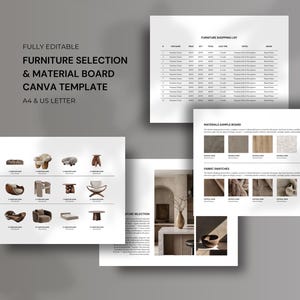 Puede incluir: Presentación de plantillas Canva para la selección de muebles y tableros de materiales. La imagen muestra diseños de muebles, una lista de compras y muestras de materiales. El texto incluye "FULLY EDITABLE" y "A4 & US LETTER".