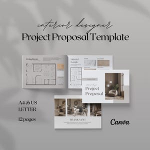 Plantilla de propuesta de proyecto de diseño de interiores / Presentación para clientes de Canva editable de 12 páginas / Formatos A4 y Carta EE. UU. / Diseños, presupuesto y materiales