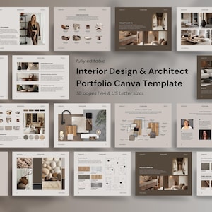 Puede incluir: Una colección de páginas de portafolio de diseño de interiores en una paleta de colores neutros. Las páginas muestran conceptos de diseño, diseños de proyectos e imágenes de muestra. El texto "Interior Design & Architect Portfolio Canva Template" es visible.