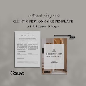 Può includere: Un modello per un questionario per clienti di interior design. Il design include il testo "interior designer", "CLEINT QUESTIONNAIRE TEMPLATE", "A4 | US Letter | 8 Pages", "Client Questionnaire" e "INTERIOR DESIGN QUESTIONNAIRE". Anche il logo Canva è visibile.