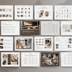 Op de afbeelding: Een verzameling pagina's van een interieurontwerp projectvoorstel, gepresenteerd op een grijze ondergrond. De pagina's bevatten afbeeldingen van meubels, designelementen en plattegronden. Tekst en grafieken zijn ook zichtbaar.
