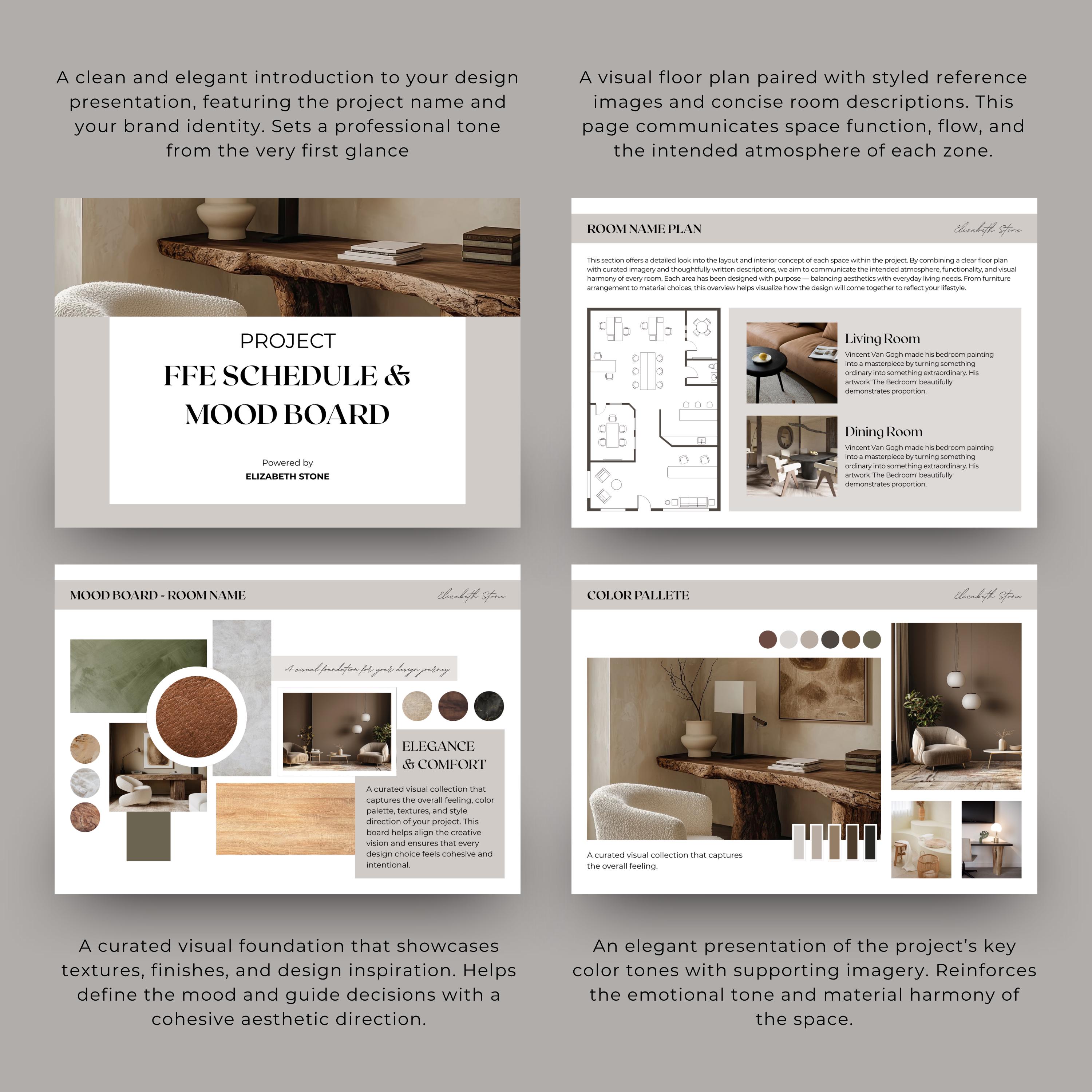 Mood Board & FFE Schedule Template for Interior Designer (canva, A4/US ...