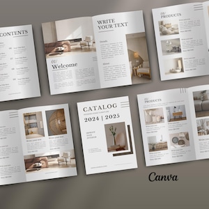 Puede incluir: Un catálogo de muebles modernos para el hogar, con el texto "CATALOG 2024 | 2025". El catálogo presenta imágenes de muebles y decoración del hogar, con las palabras "PRODUCTOS" y "Bienvenida" en las páginas.