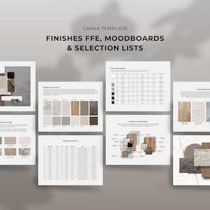 May include: A collection of design templates for interior design, including mood boards, color palettes, and selection lists. The templates are displayed on white backgrounds with various material samples and text. The text reads "CANVA TEMPLATE FINISHES FFE, MOODBOARDS & SELECTION LISTS."