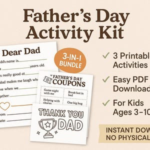Kit de actividades para el Día del Padre: Carta imprimible, cupones y tarjeta de agradecimiento para niños. Un regalo divertido para papá.