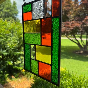 Stained Glass Colorful Geometric Panel Handmade in Tennessee.  ready to hang. 6 in wide x 9 inches tall