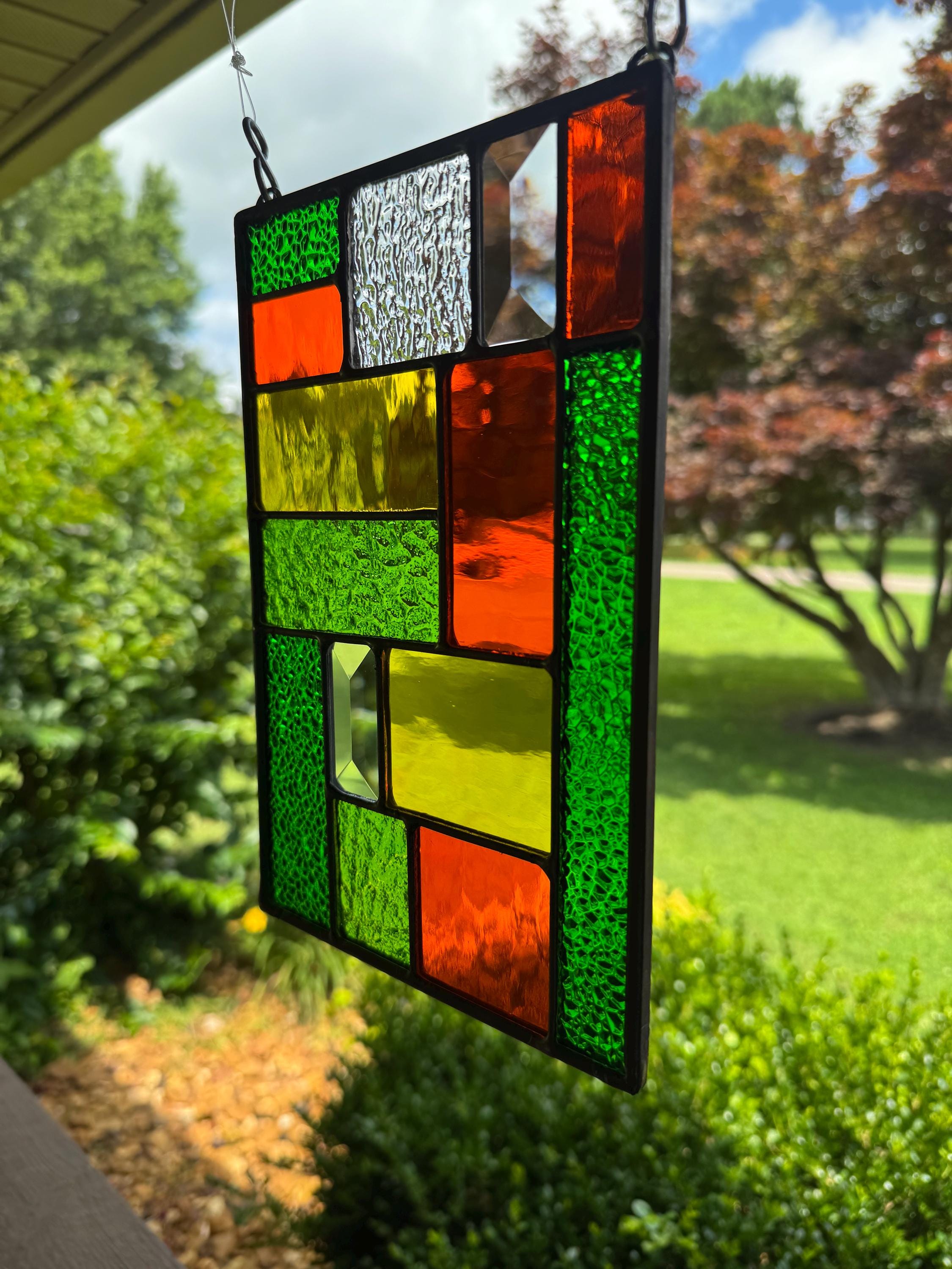 Geometric Stained Glass Panel: Handmade Tennessee Art, 6x9 Inches