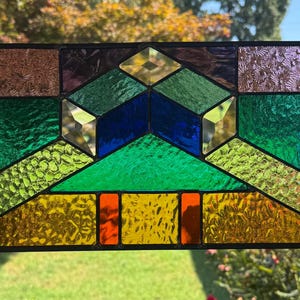 Stained Glass Colorful Geometric Panel Handmade in Tennessee.  ready to hang. 7.25 in tall x 14.25 inches wide