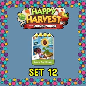 May include: A digital game card titled Sunny Sunflower from the Happy Harvest with Looney Tunes collection. The card features a character relaxing on a lounge chair next to a large sunflower, with a plus one indicator and four gold stars above.