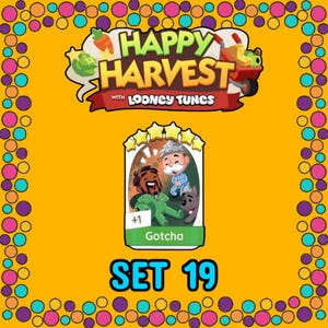 May include: A digital game card titled Gotcha from the Happy Harvest with Looney Tunes collection. The card features a cartoon illustration of two characters and a dog, topped with five yellow stars, a plus one indicator, and a green label.