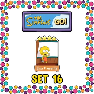 May include: A digital trading card titled Lisa Presents from The Simpsons GO! Set 16. The card features a yellow cartoon character standing before a white board, topped with four yellow stars. The border is decorated with colorful circles.