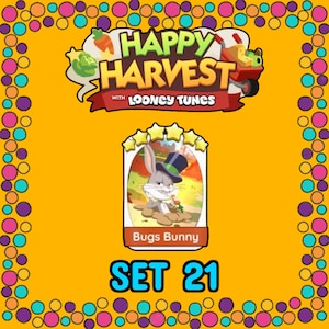 May include: A digital game card featuring Bugs Bunny wearing a top hat and holding a carrot, set against a landscape background. The card is topped with five yellow stars and labeled Bugs Bunny. The image includes the text Happy Harvest with Looney Tunes and Set 21, all framed by a border of colorful circles on an orange background.