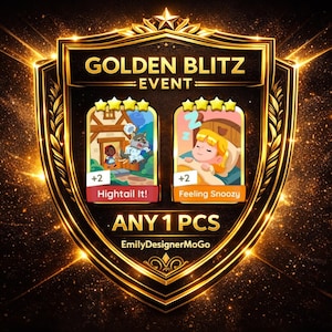 May include: A golden shield-shaped graphic with the text "GOLDEN BLITZ EVENT." It features two illustrated scenes: one with a wolf and a person, and another with a sleeping child. The text "ANY 1 PCS" and the designer's name are also included.