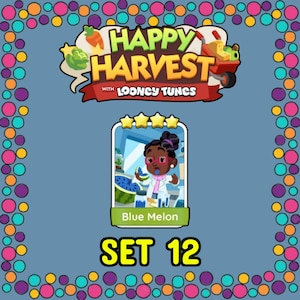 May include: A digital game card titled Blue Melon from the Happy Harvest with Looney Tunes collection. The card features a character in a lab coat eating a blue slice of watermelon, surrounded by laboratory equipment, set against a blue background.