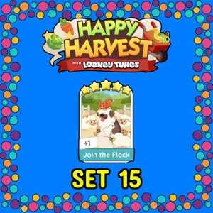 May include: A digital game card titled Join the Flock from Set 15 of Happy Harvest with Looney Tunes. The card features a central illustration of a large white and brown dog surrounded by sheep with a small orange cat sitting on the dog's head.
