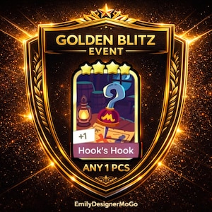 May include: A digital graphic for the Golden Blitz Event, featuring a shield design with the text "Golden Blitz Event." The central image is a card with "Hook's Hook" and a pirate-themed illustration. The background has a gold sparkle effect.