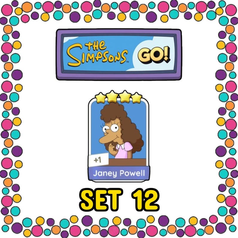 Pu&ograve; includere: Una carta da gioco digitale con il personaggio Janey Powell di The Simpsons Go, mostrata con quattro stelle gialle sopra il ritratto. La carta include il testo +1 e Janey Powell, su un bordo di cerchi colorati e il testo SET 12.