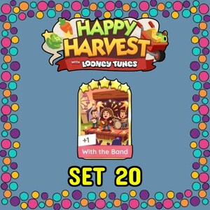 May include: A digital game card titled With the Band from the Happy Harvest with Looney Tunes collection, set 20. The card features a five-star rating and an illustration of three characters performing music on a stage with string lights.