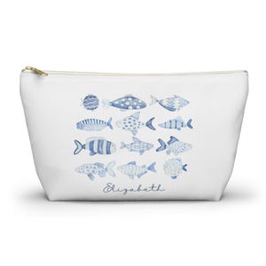Personalized Fish Pouch - Custom Blue Watercolor Travel Bag, Makeup or Toiletry Case, Small or Large Gift for Her, Bridal Party gift