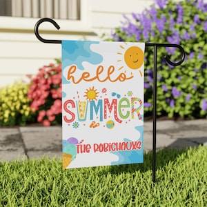 Hello Summer Garden Flag - Personalized Outdoor Yard Flag with Family Name, Colorful Welcome Sign for Summer Decor