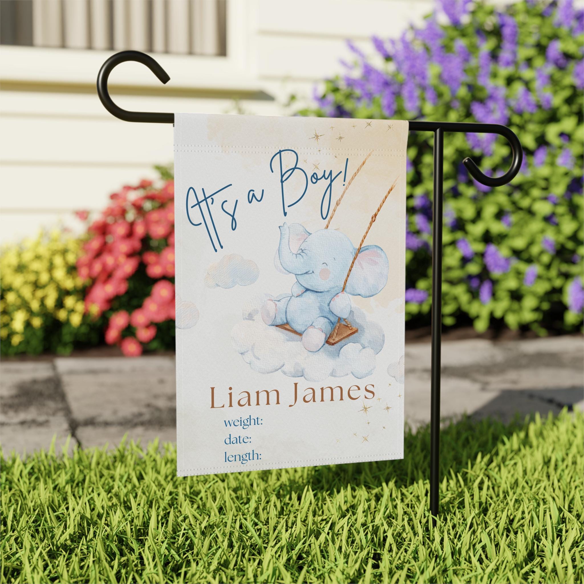 Its a Boy Garden Flag - Personalized Baby Boy Birth Announcement Flag, Custom Elephant Baby Shower Gift, Outdoor Newborn Decor