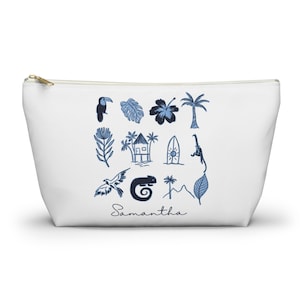 Borsa personalizzata tropicale - Borsa da viaggio per il trucco con nome personalizzato, Borsa cosmetica Blue Island, Regalo piccolo o grande per lei, Regalo per addio al nubilato, Sposa