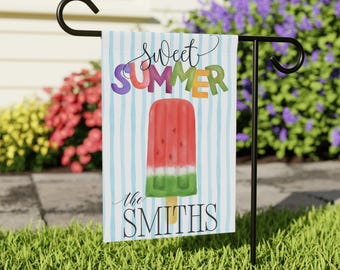 Sweet Summer Garden Flag - Personalized Watermelon Popsicle Yard Flag with Family Name, Fun Summer Outdoor Decor