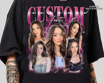 May include: Black t-shirt with a custom design featuring multiple images of a person, the word "CUSTOM" in pink, and the text "Text & Photos". The design includes lightning bolt graphics.